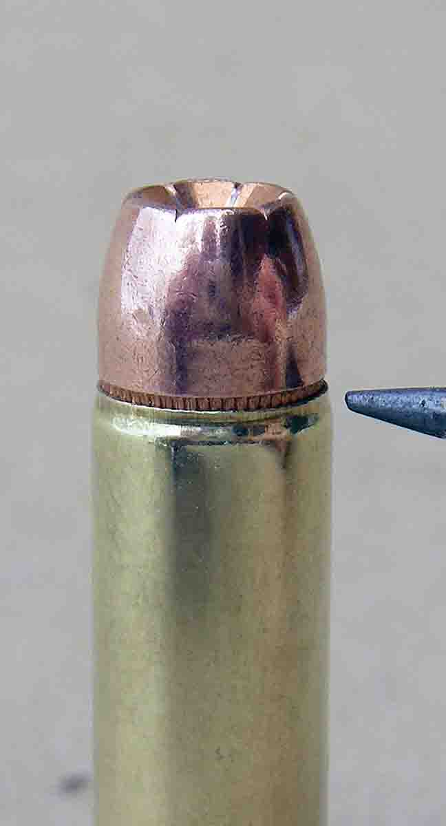 This .357 Magnum cartridge is loaded with a Speer 158-grain Gold Dot HP and is crimped using an RCBS roll-crimp die with chamfer-style neck-down.